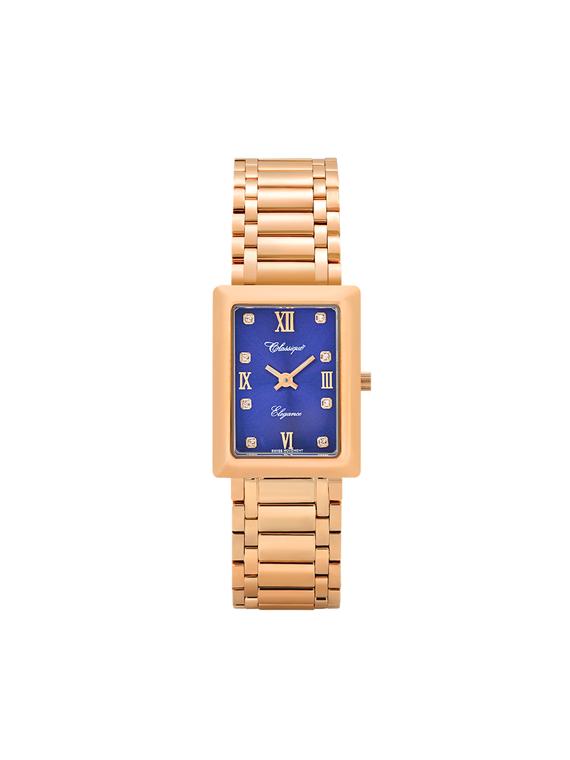 Case Rose Gold Plated Stainless Steel Dial Blue Dial Square Stone Bracelet