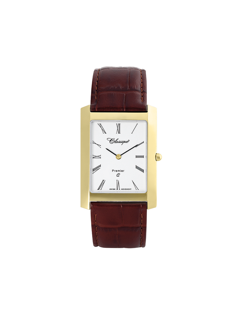 Case Gold Plated Stainless Steel Dial White Dial Black Roman Leather Brown