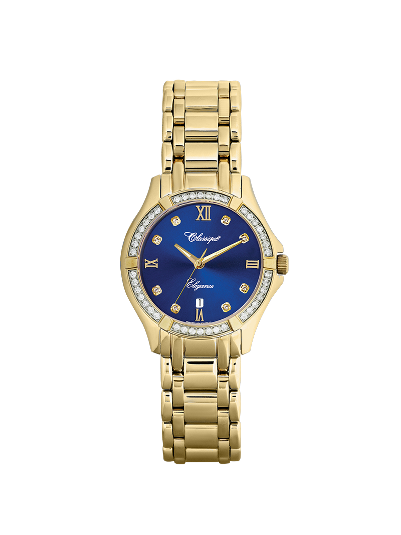 Case Gold Plated Stainless Steel Dial Blue Dial Square Stone Bracelet