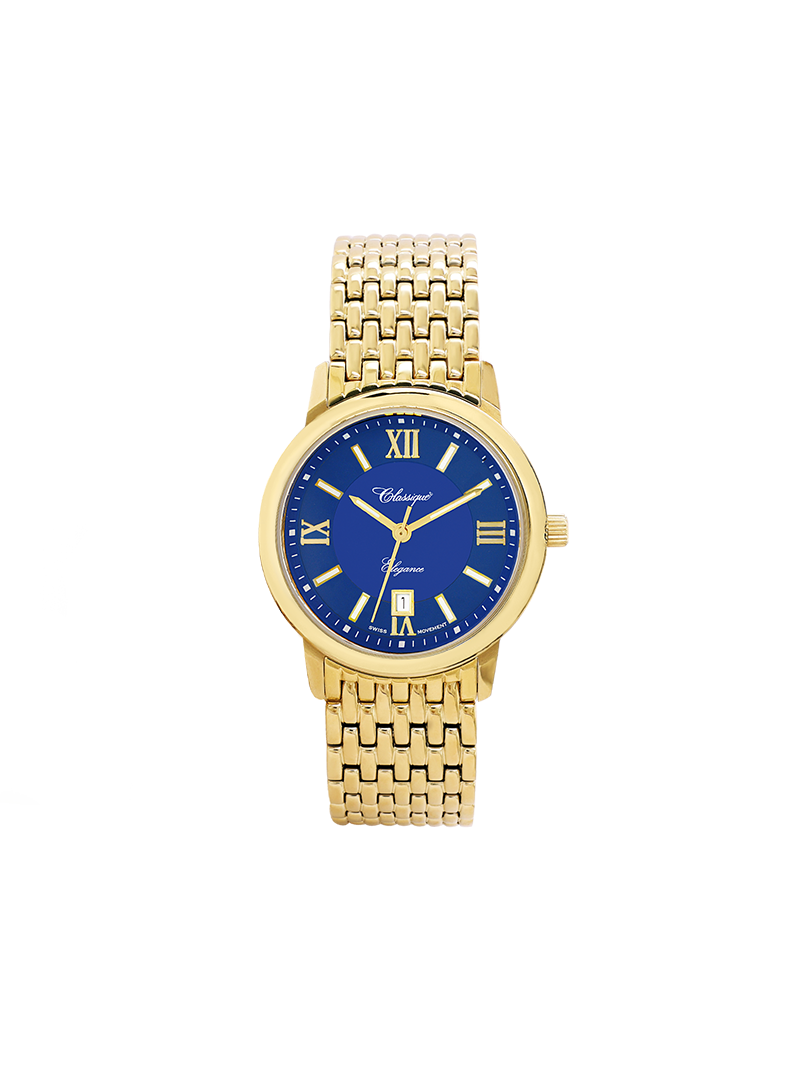 Case Gold Plated Stainless Steel Dial Blue Dial Champagne Roman Bracelet
