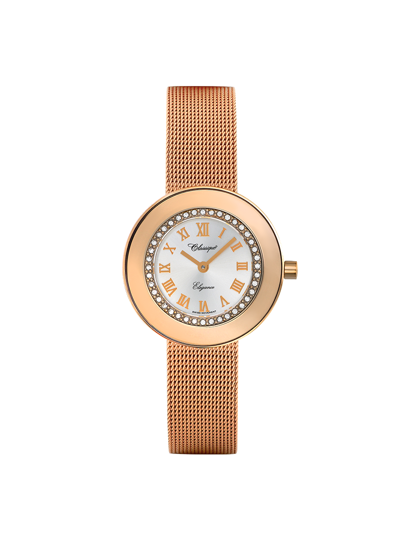 Case Rose Gold Plated Stainless Steel Dial Silver Dial Rose Roman Mesh Band