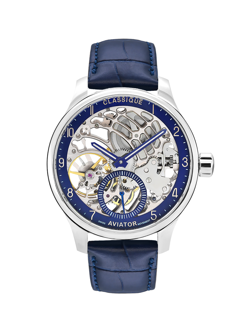 Case Stainless Steel Dial Blue Dial Silver Arabic Leather Blue