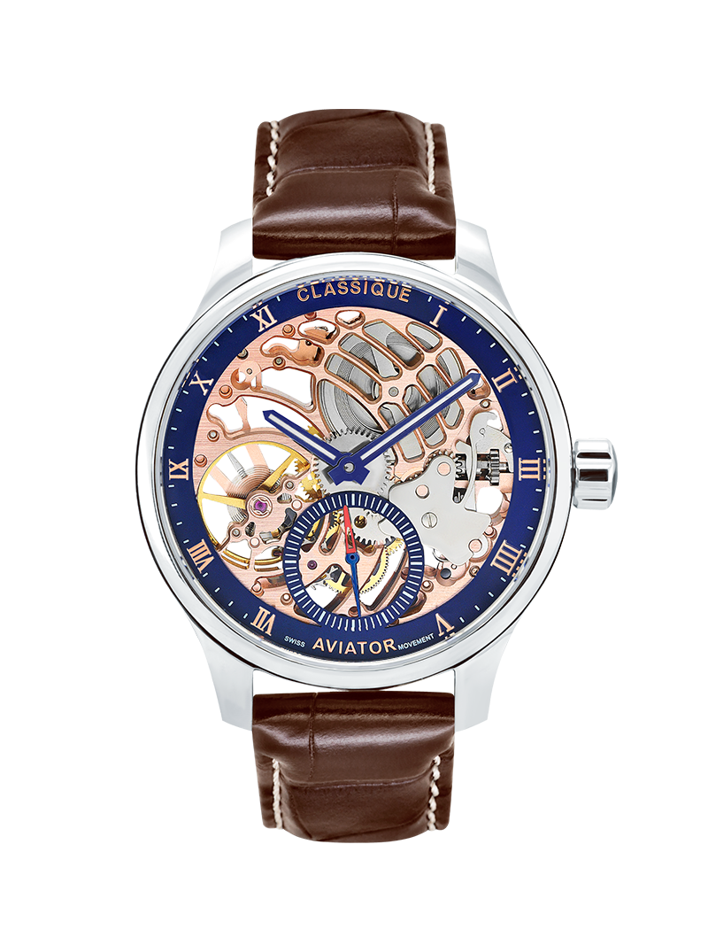 Case Stainless Steel Dial Blue Dial Rose Roman Leather Brown