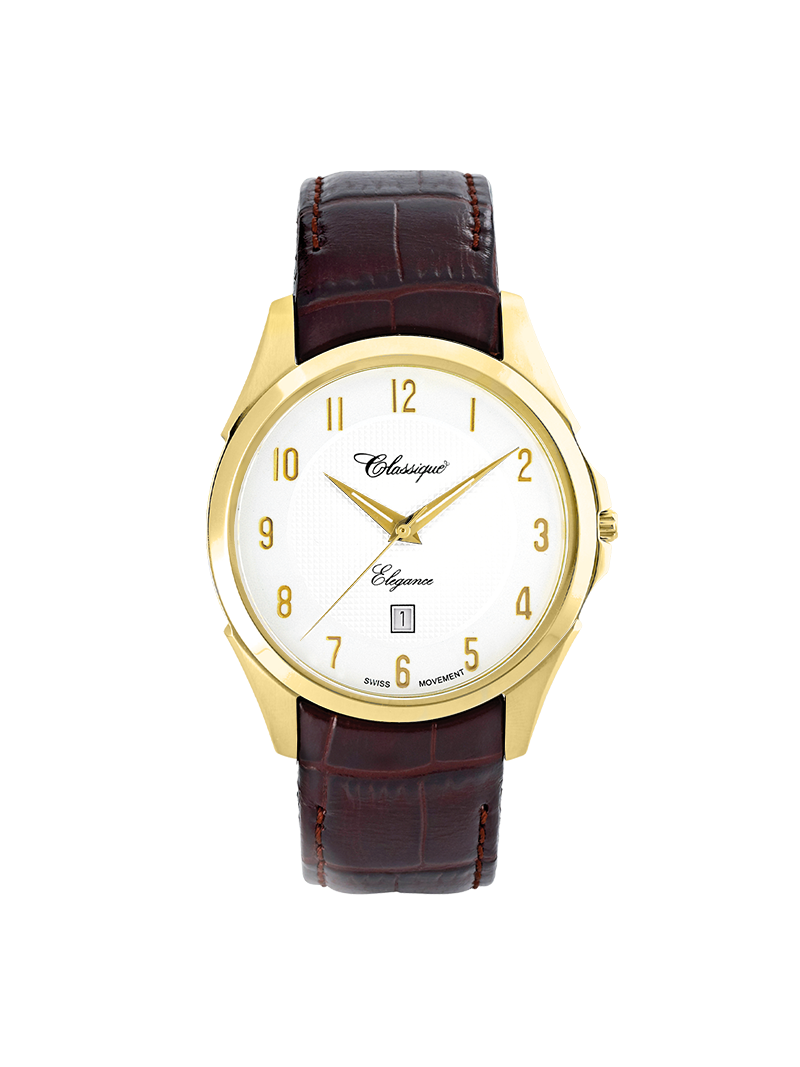 Case Gold Plated Stainless Steel Dial White Dial Champagne Arabic Leather Brown