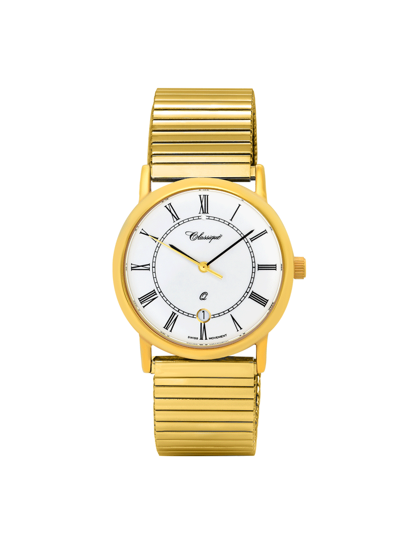 Case Gold Plated Stainless Steel Dial White Dial Black Roman Flexi Band