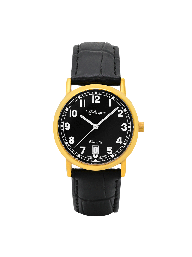 Case Gold Plated Stainless Steel Dial Black Dial White Arabic Leather Black