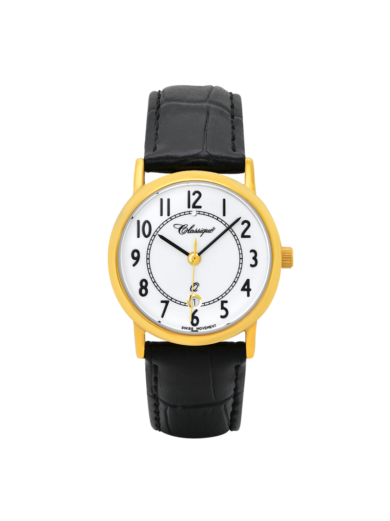 Case Gold Plated Stainless Steel Dial White Dial Black Arabic Band Leather Black