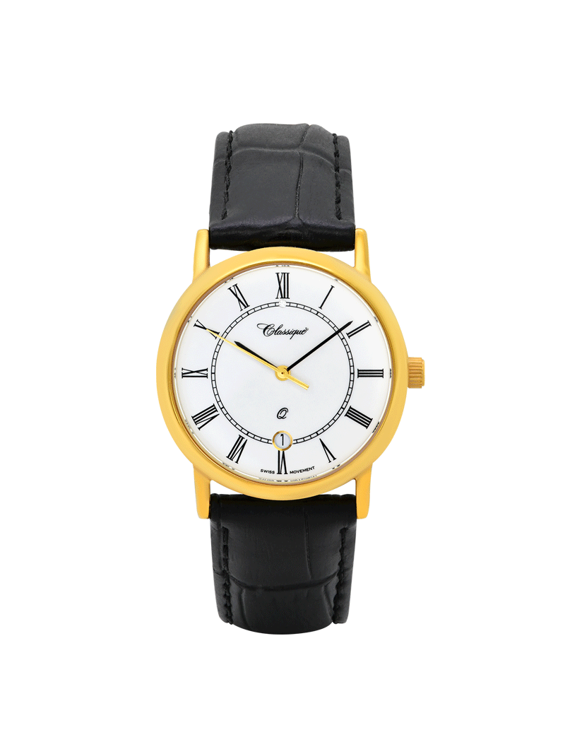 Case Gold Plated Stainless Steel Dial White Dial Black Roman Leather Black