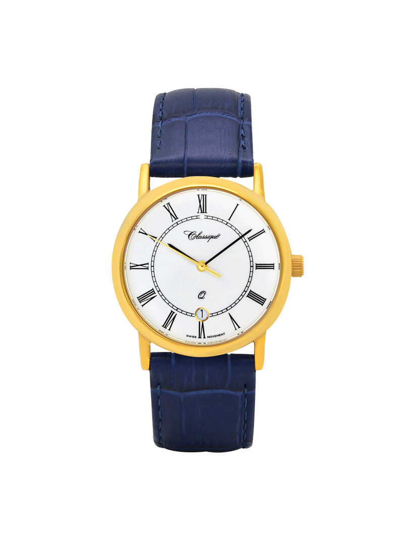 Case Gold Plated Stainless Steel Dial White Dial Black Roman Band Leather Blue