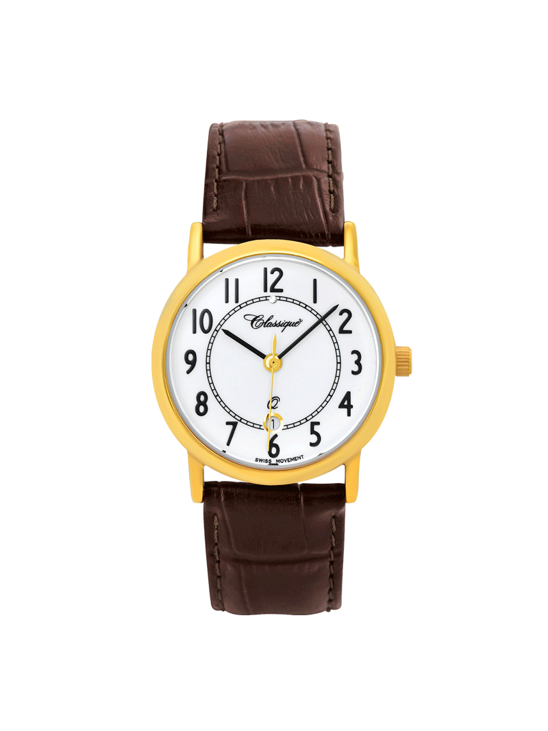 Case Gold Plated Stainless Steel Dial White Dial Black Arabic Leather Brown