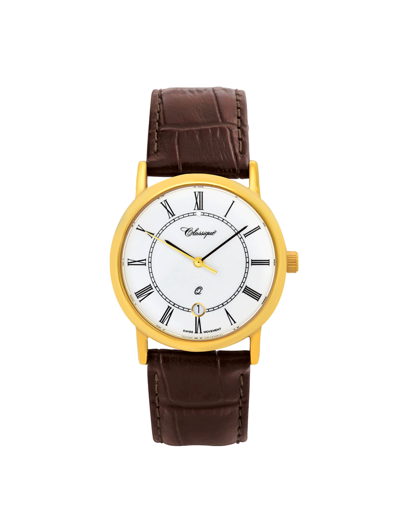 Case Gold Plated Stainless Steel Dial White Dial Black Roman Leather Brown
