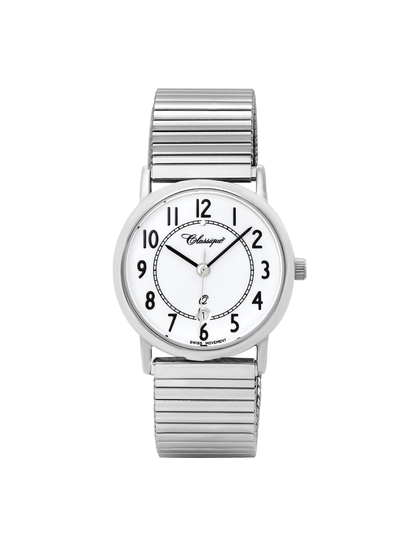 Case Rhodium Plated Stainless Steel Dial White Dial Black Arabic Flexi Band