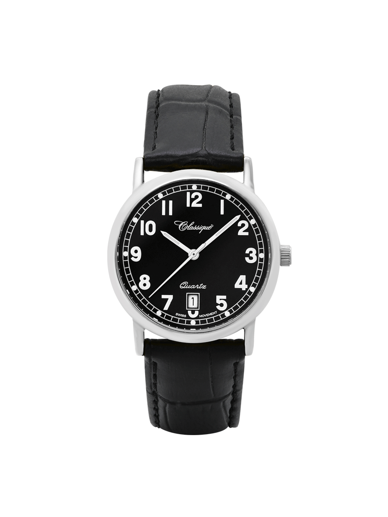 Case Rhodium Plated Stainless Steel Dial Black Dial White Arabic Band Leather Black