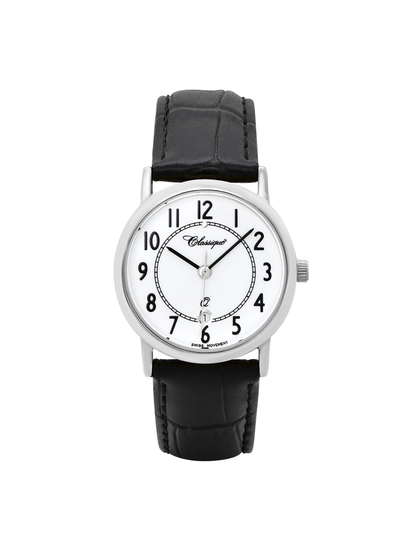 Case Rhodium Plated Stainless Steel Dial White Dial Black Arabic Band Leather Black