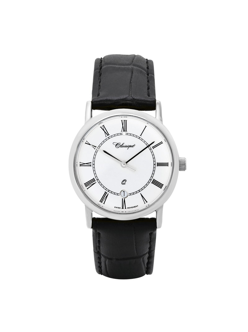 Case Rhodium Plated Stainless Steel Dial White Dial Black Roman Band Leather Black