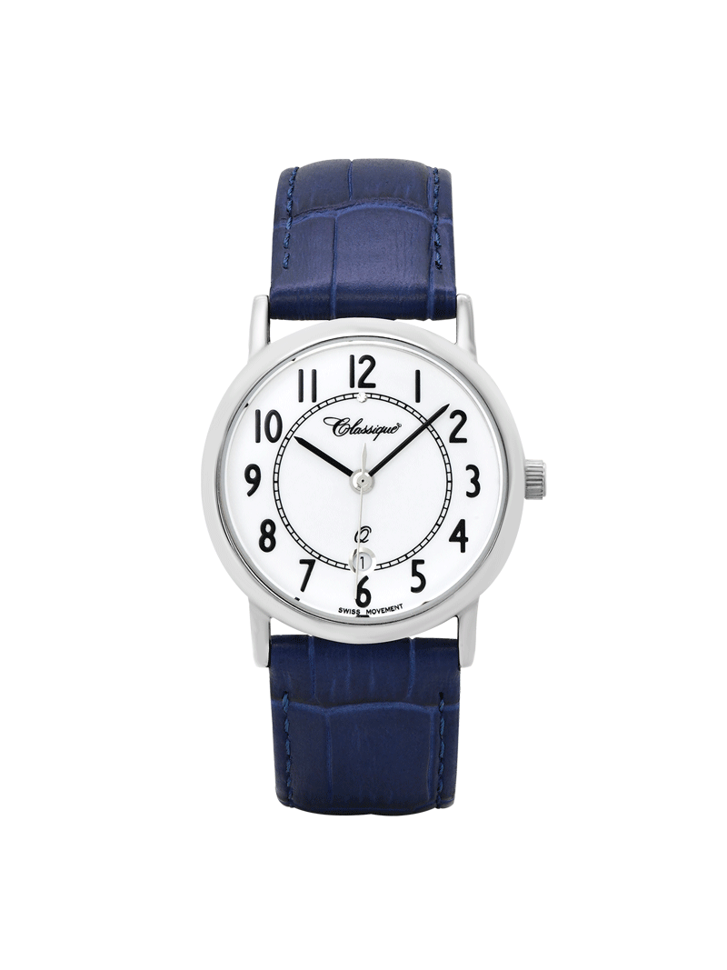 Case Rhodium Plated Stainless Steel Dial White Dial Black Arabic Leather Blue