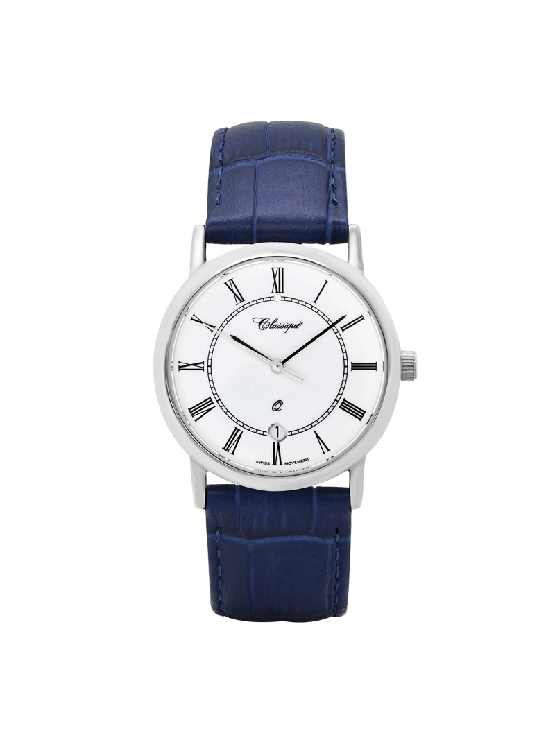 Case Rhodium Plated Stainless Steel Dial White Dial Black Roman Band Leather Blue