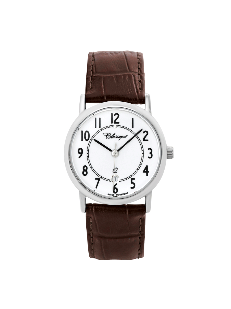 Case Rhodium Plated Stainless Steel Dial White Dial Black Arabic Leather Brown