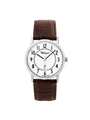 Case Rhodium Plated Stainless Steel Dial White Dial Black Arabic Band Leather Brown