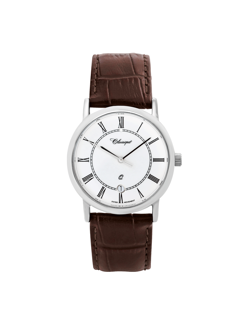 Case Rhodium Plated Stainless Steel Dial White Dial Black Roman Leather Brown