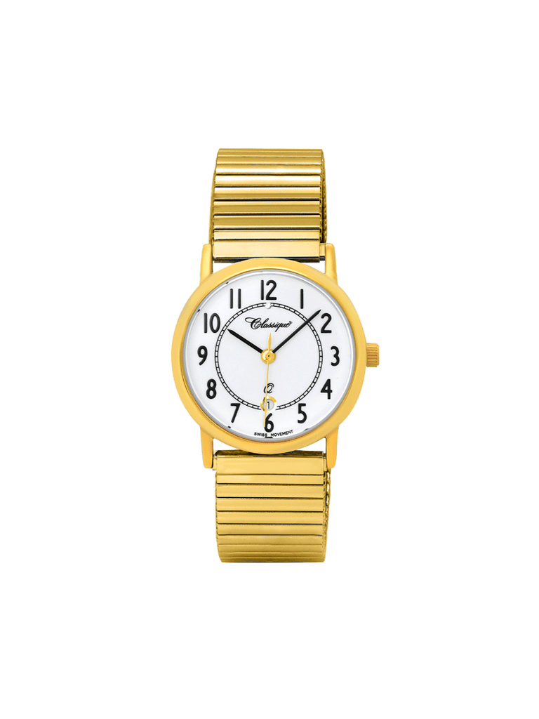 Case Gold Plated Stainless Steel Dial White Dial Black Arabic Flexi Band