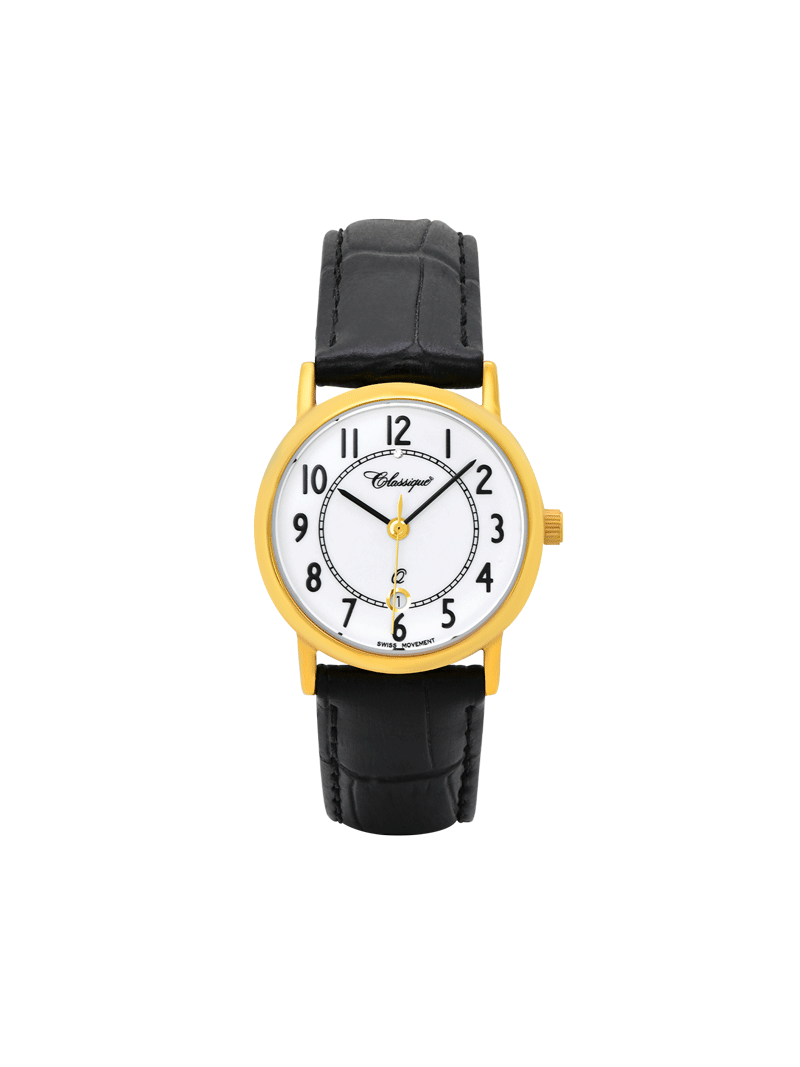 Case Gold Plated Stainless Steel Dial White Dial Black Arabic Leather Black
