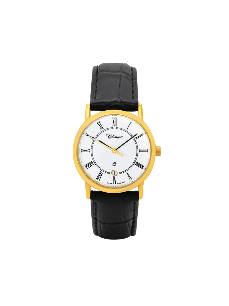 Case Gold Plated Stainless Steel Dial White Dial Black Roman Leather Black