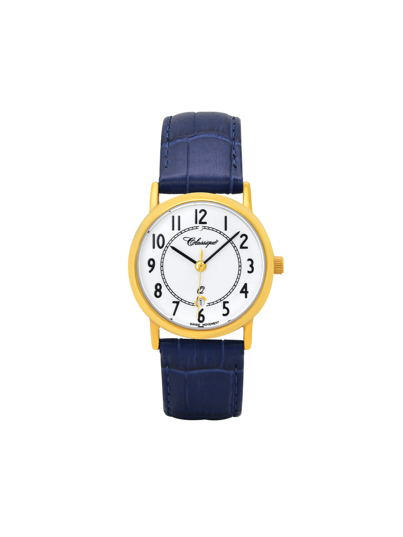 Case Gold Plated Stainless Steel Dial White Dial Black Arabic Leather Blue