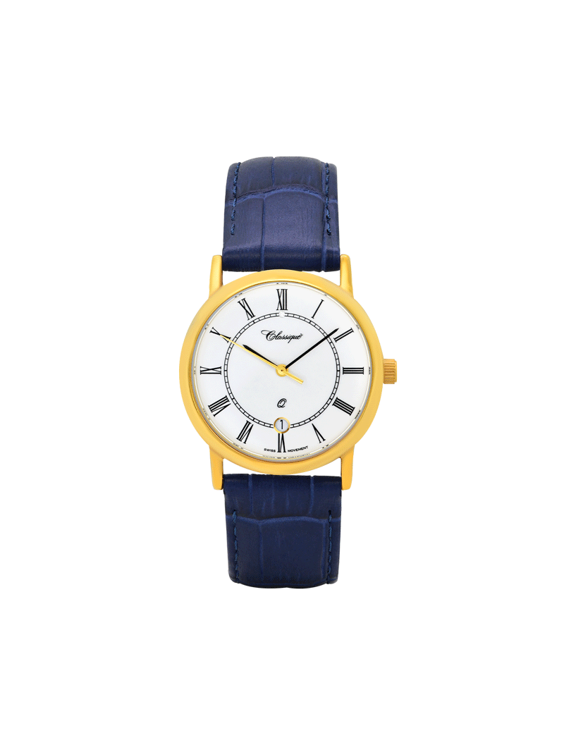 Case Gold Plated Stainless Steel Dial White Dial Black Roman Leather Blue