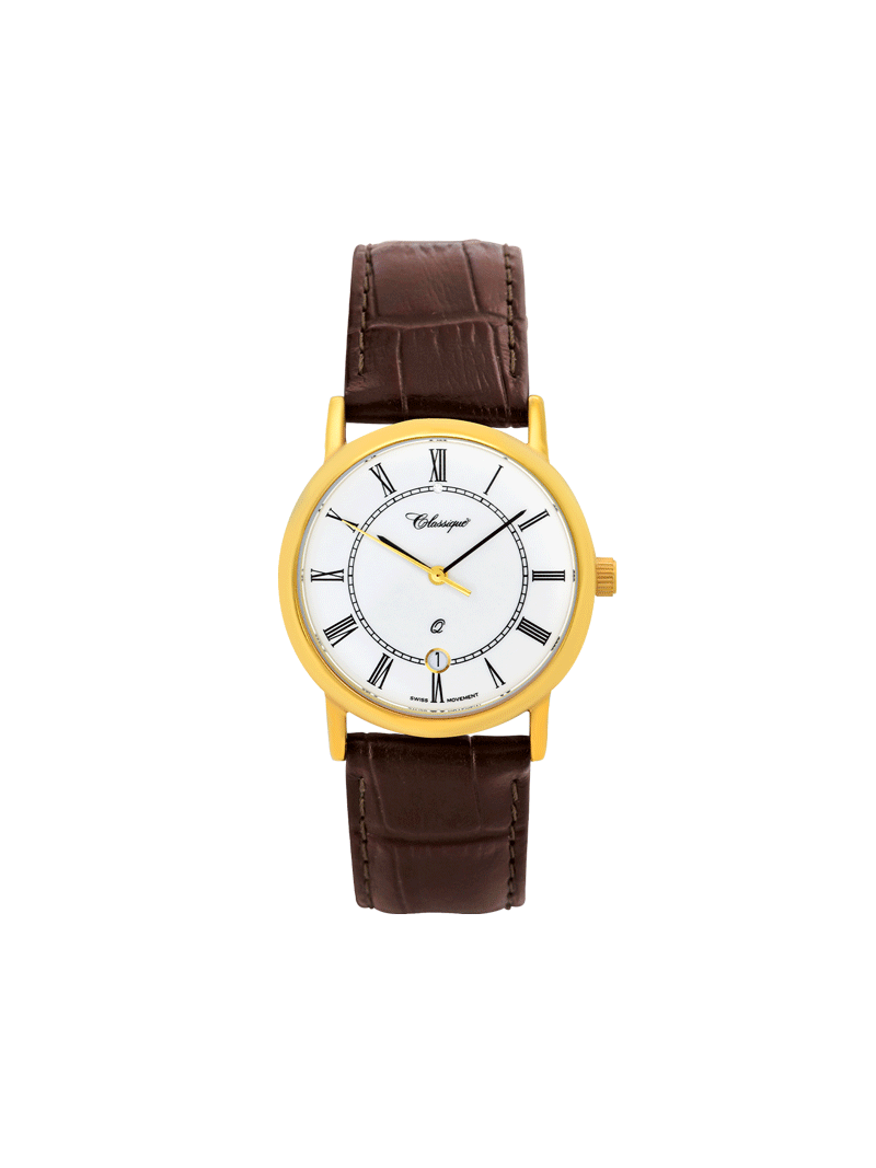 Case Gold Plated Stainless Steel Dial White Dial Black Roman Leather Brown