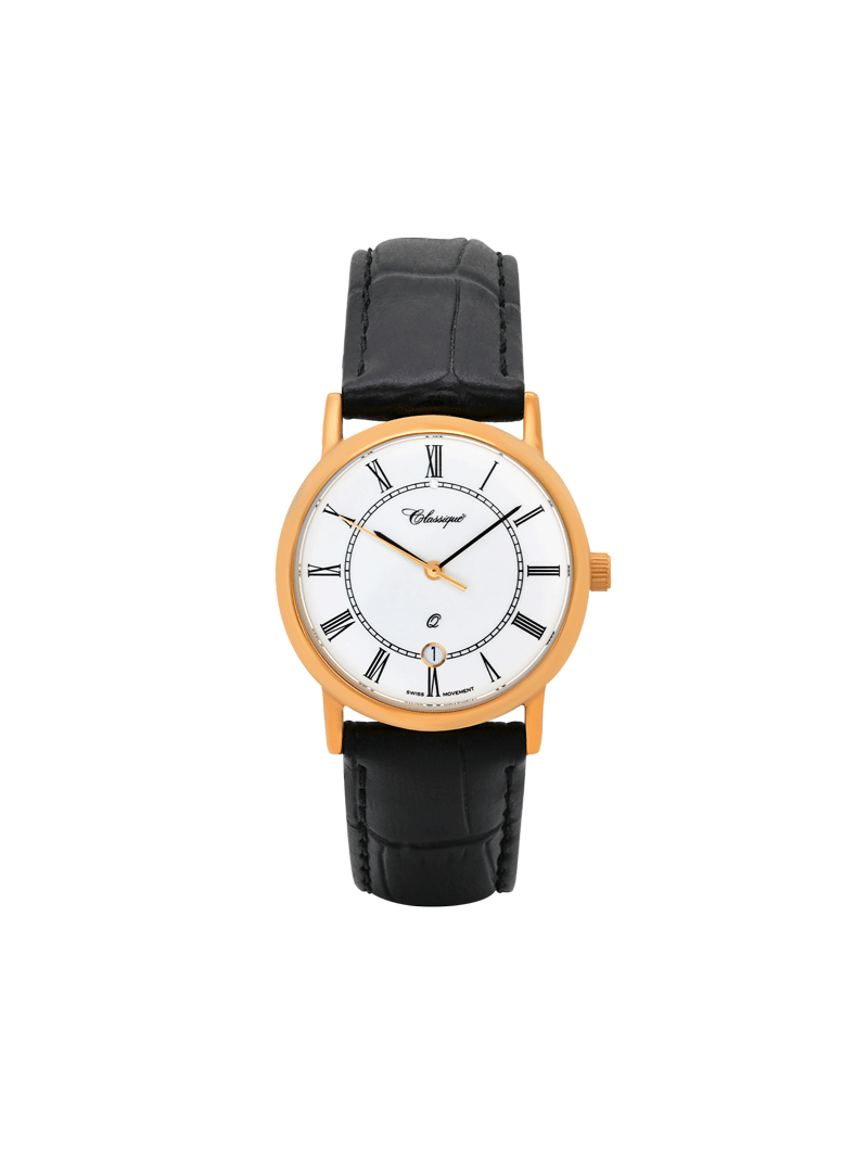 Case Rose Gold Plated Stainless Steel Dial White Dial Black Roman Leather Black