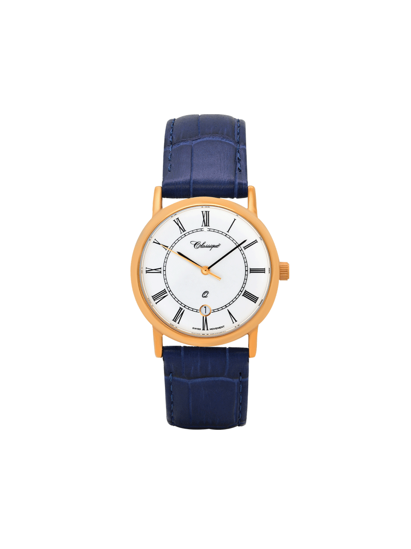 Case Rose Gold Plated Stainless Steel Dial White Dial Black Roman Leather Blue