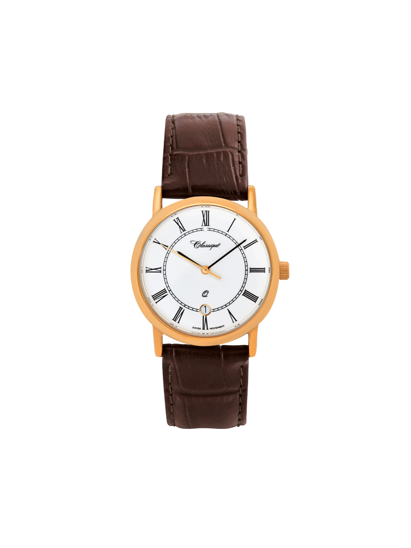 Case Rose Gold Plated Stainless Steel Dial White Dial Black Roman Leather Brown