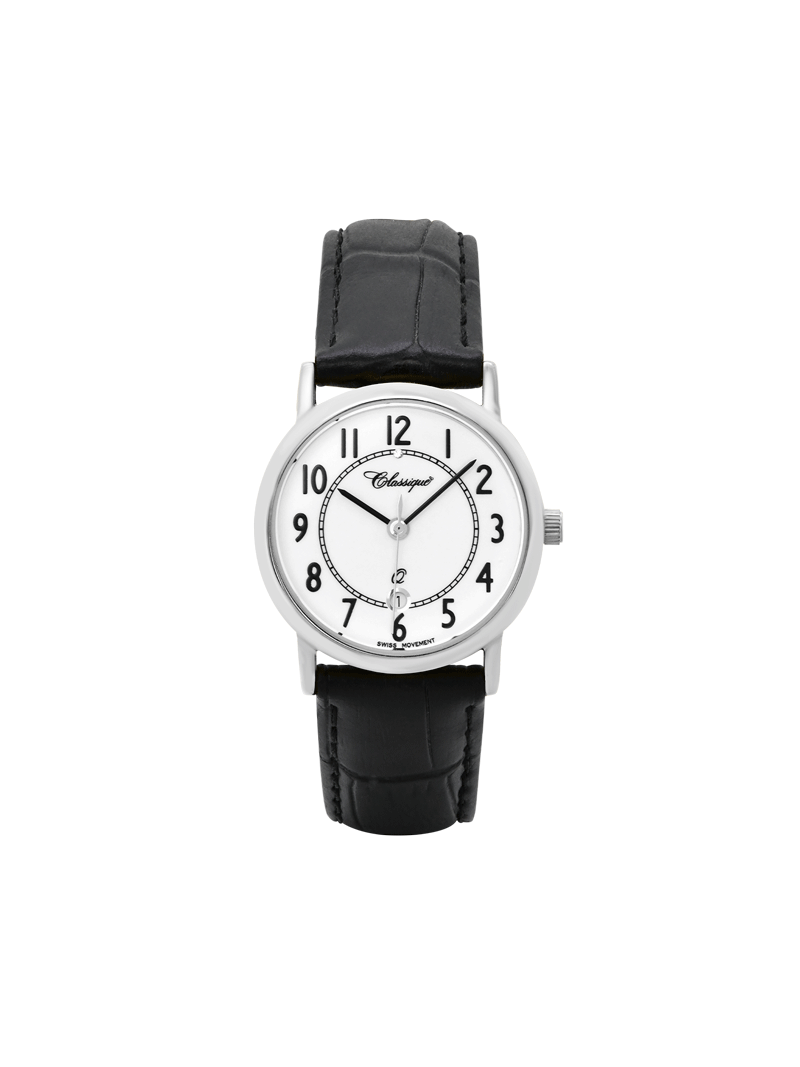 Case Rhodium Plated Stainless Steel Dial White Dial Black Arabic Leather Black