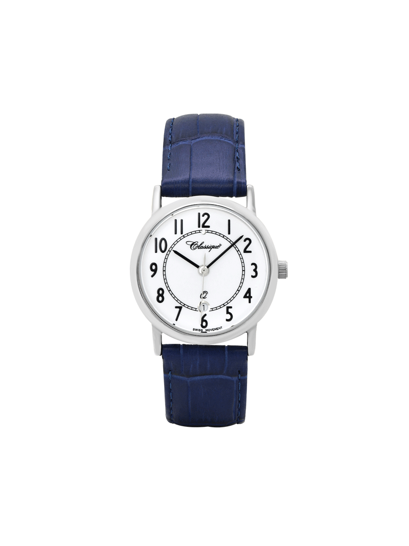 Case Rhodium Plated Stainless Steel Dial White Dial Black Arabic Leather Blue