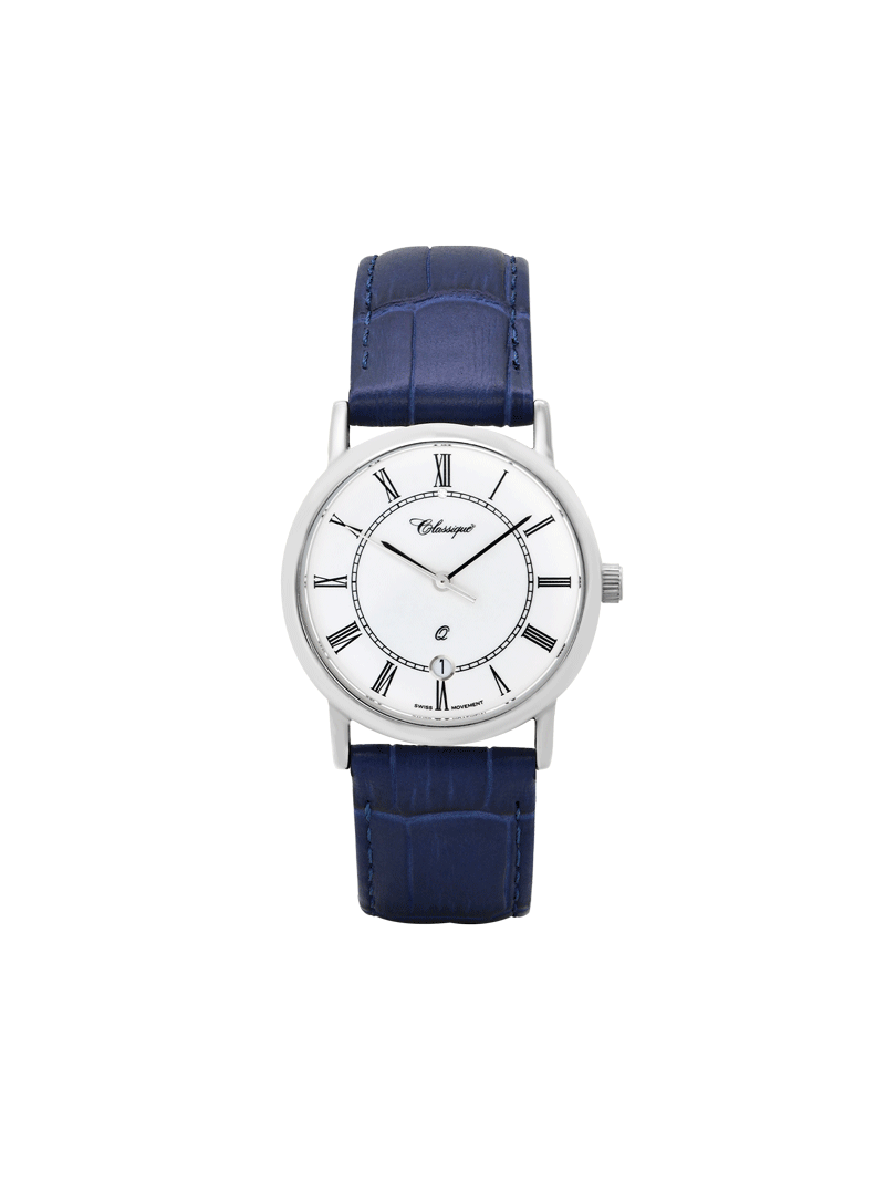 Case Rhodium Plated Stainless Steel Dial White Dial Black Roman Leather Blue