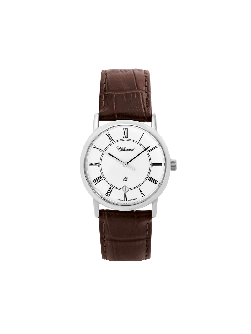 Case Rhodium Plated Stainless Steel Dial White Dial Black Roman Leather Brown