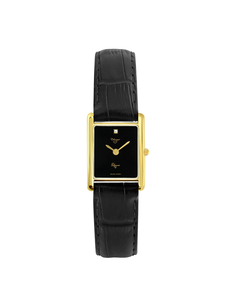 Case Gold Plated Stainless Steel Dial Black Dial Diamond Leather Black