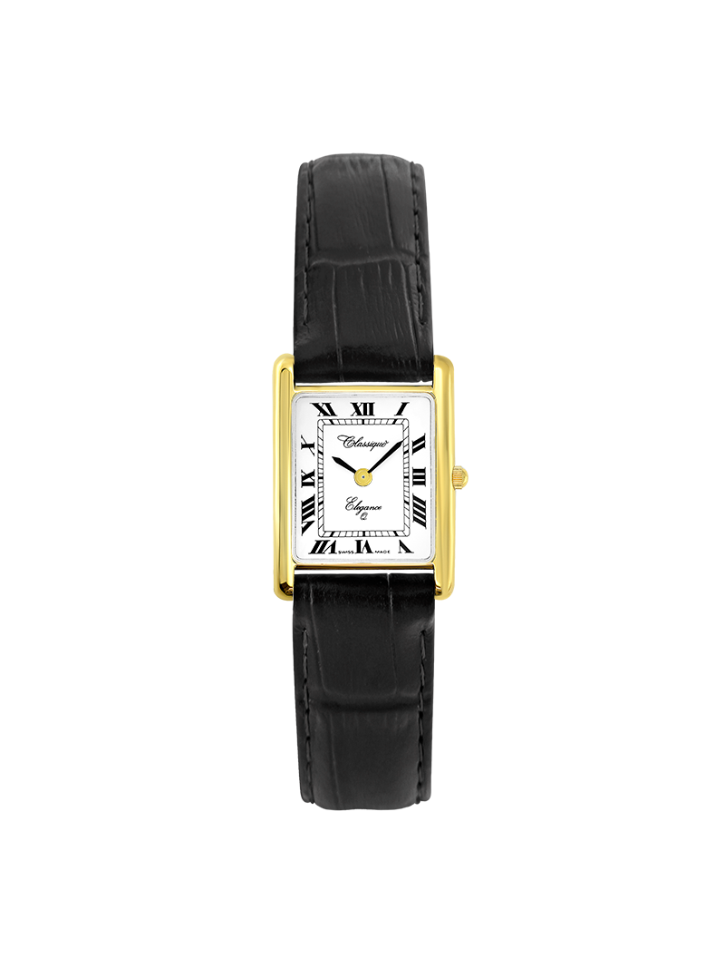 Case Gold Plated Stainless Steel Dial White Dial Black Roman Band Leather Black