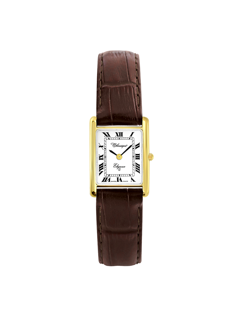 Case Gold Plated Stainless Steel Dial White Dial Black Roman Leather Brown