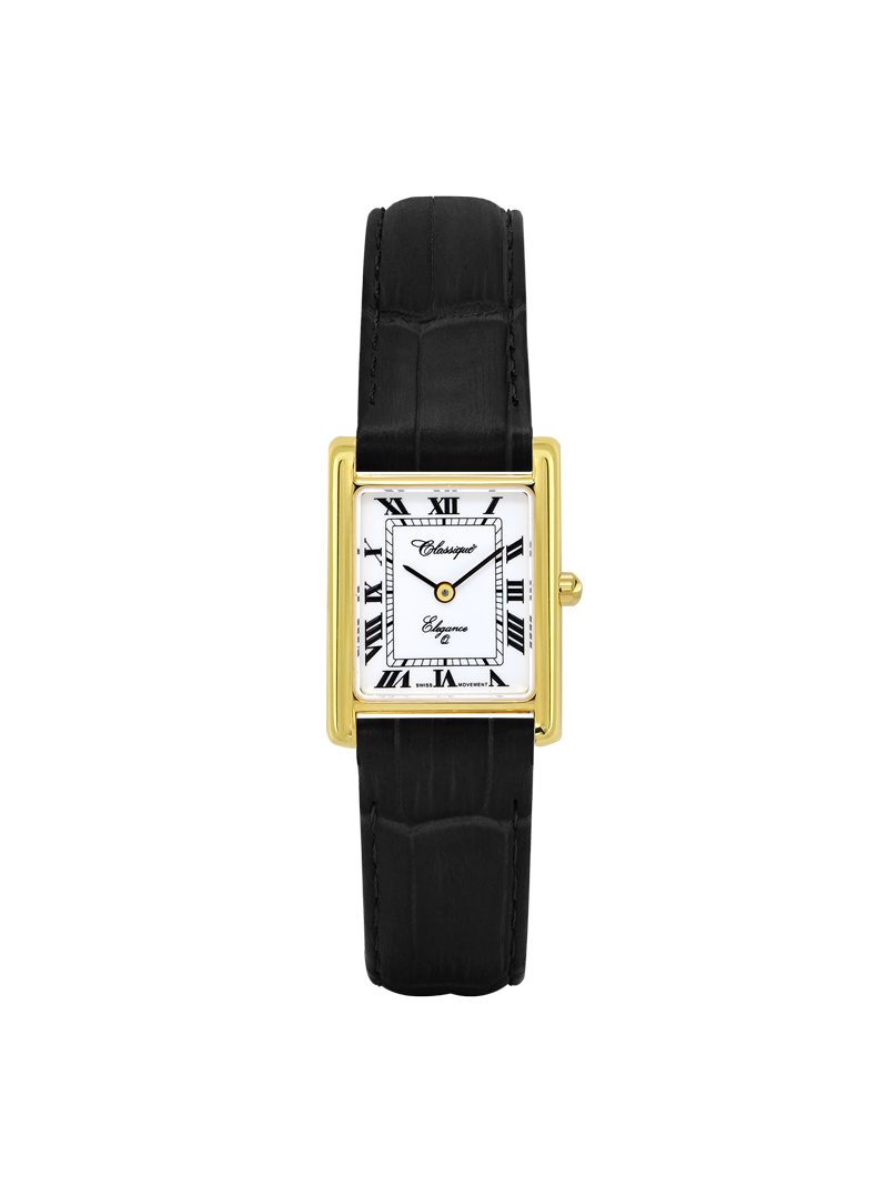 Case Gold Plated Stainless Steel Dial White Dial Black Roman Leather Black