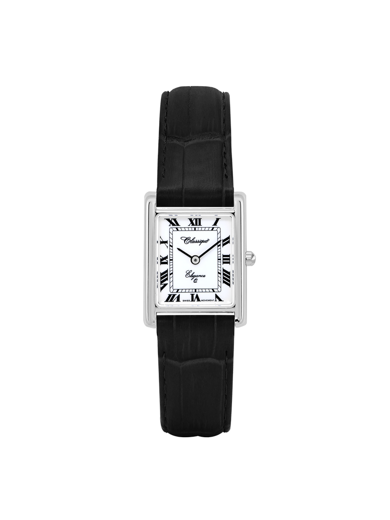 Case Rhodium Plated Stainless Steel Dial White Dial Black Roman Leather Black