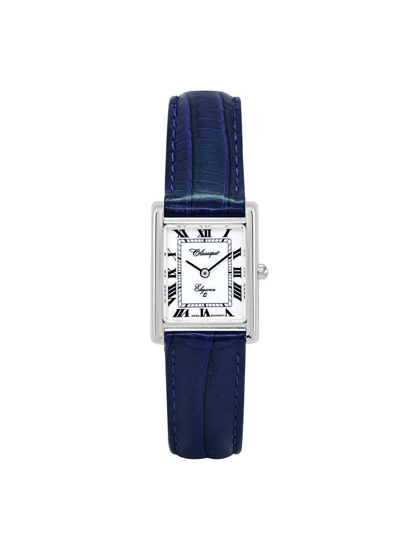 Case Rhodium Plated Stainless Steel Dial White Dial Black Roman Leather Blue