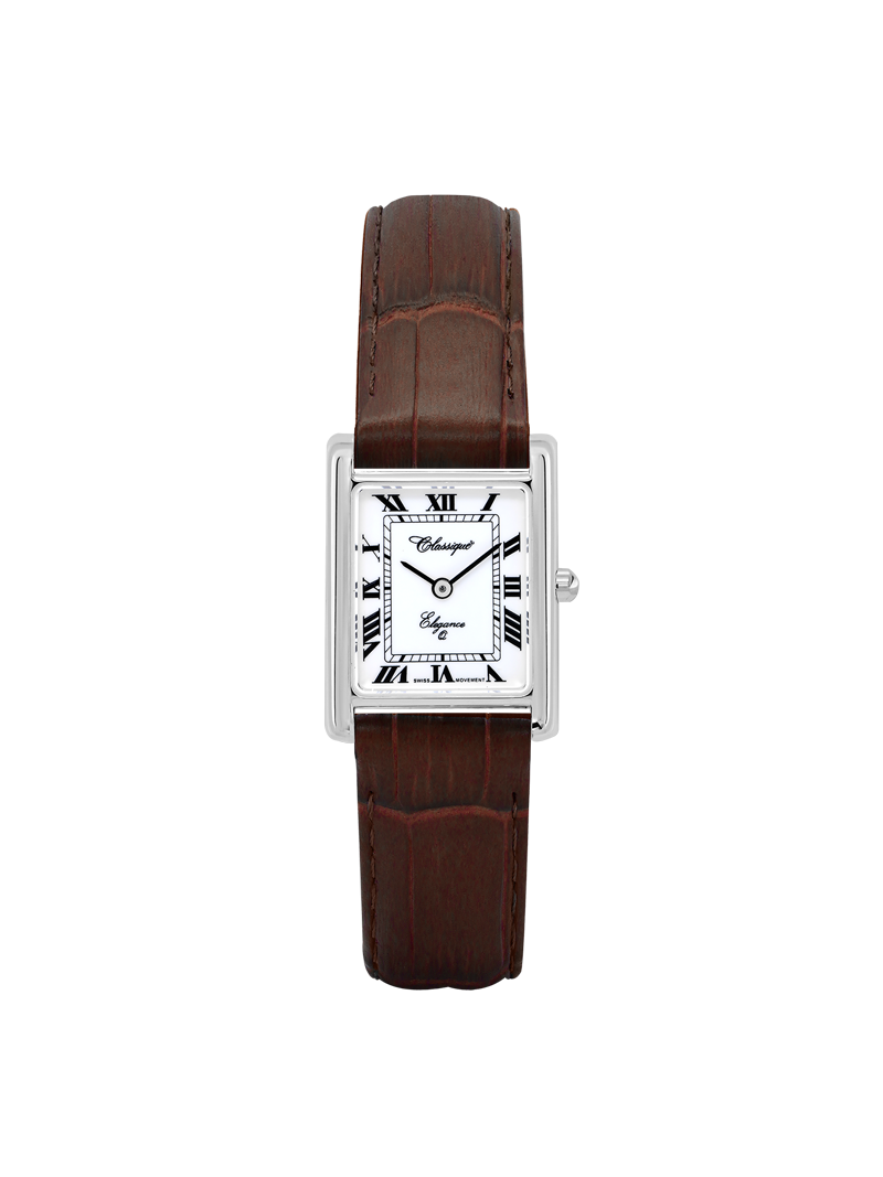 Case Rhodium Plated Stainless Steel Dial White Dial Black Roman Leather Brown