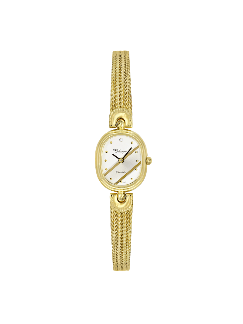 Case Gold Plated Dial Silver Dial Round Mesh Band