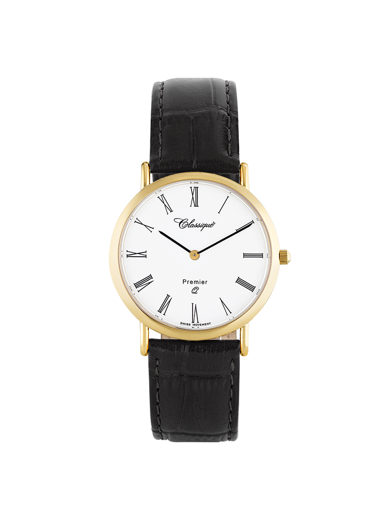 Case Gold Plated Stainless Steel Dial White Dial Black Roman Leather Black