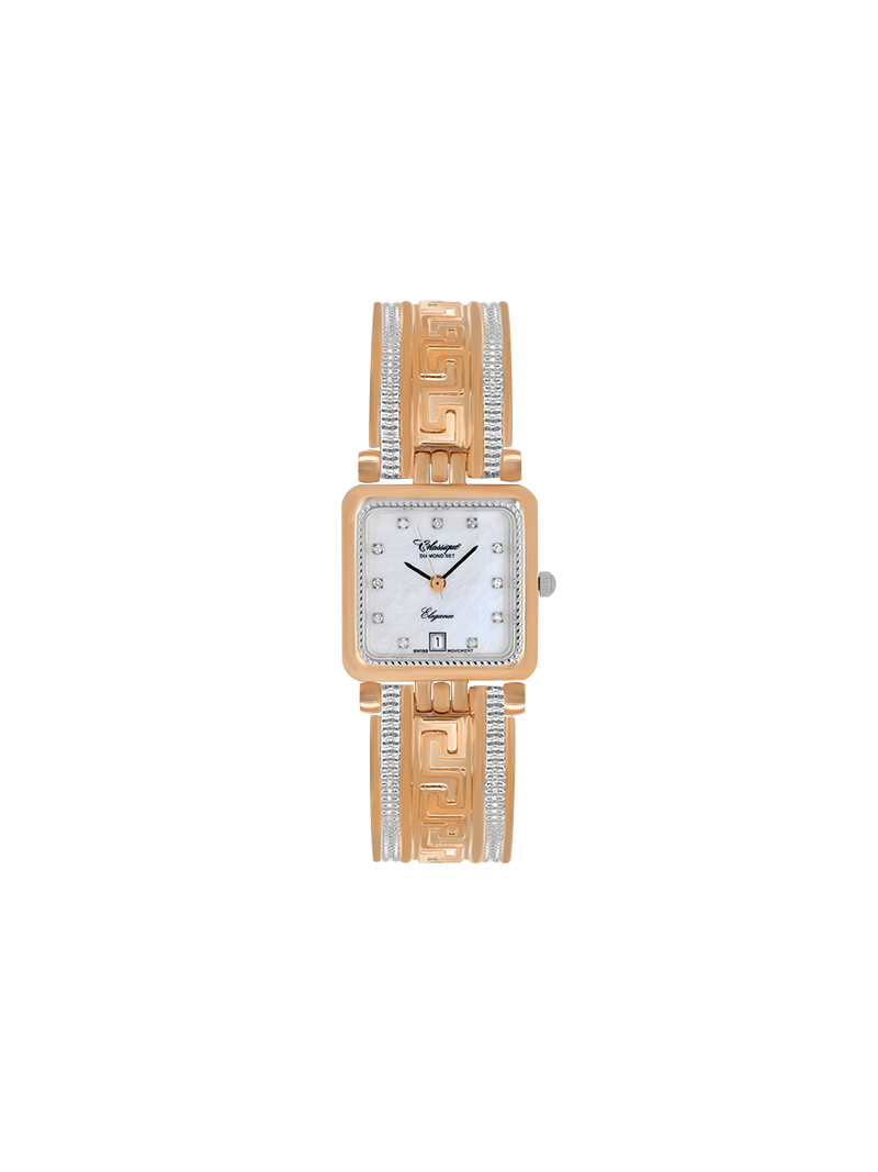 Case Two Tone Rose Gold Plated Stainless Steel Dial Mother of Pearl Dial Diamond Half Bangle