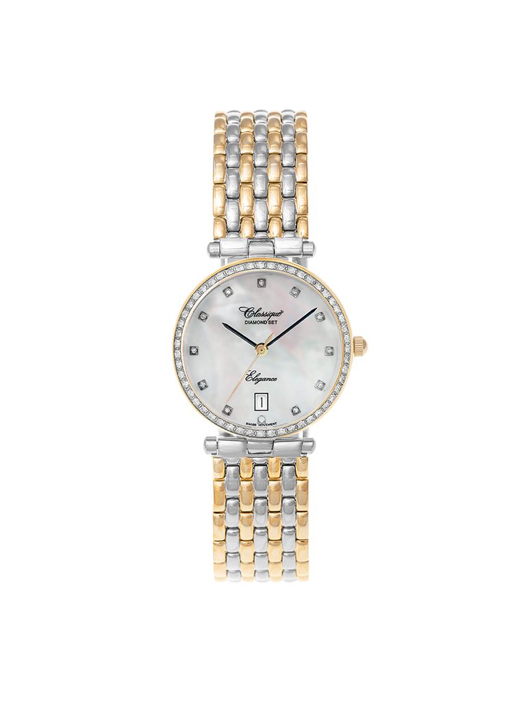 Case Two Tone Gold Plated Stainless Steel Dial Mother of Pearl Dial Diamond Bracelet