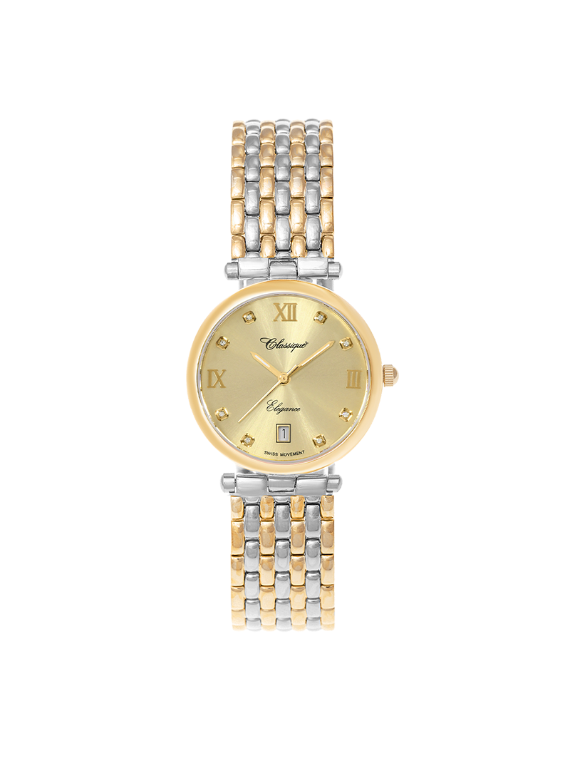 Case Two Tone Gold Plated Stainless Steel Dial Champagne Dial Square Stone Bracelet