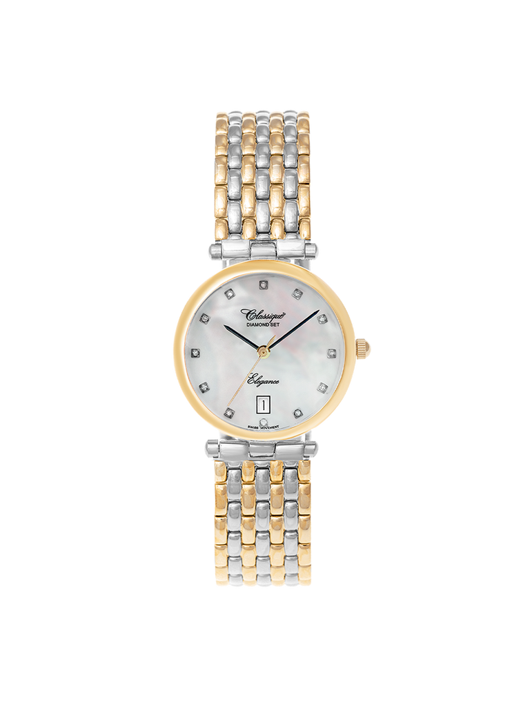 Case Two Tone Gold Plated Stainless Steel Dial Mother of Pearl Dial Diamond Bracelet